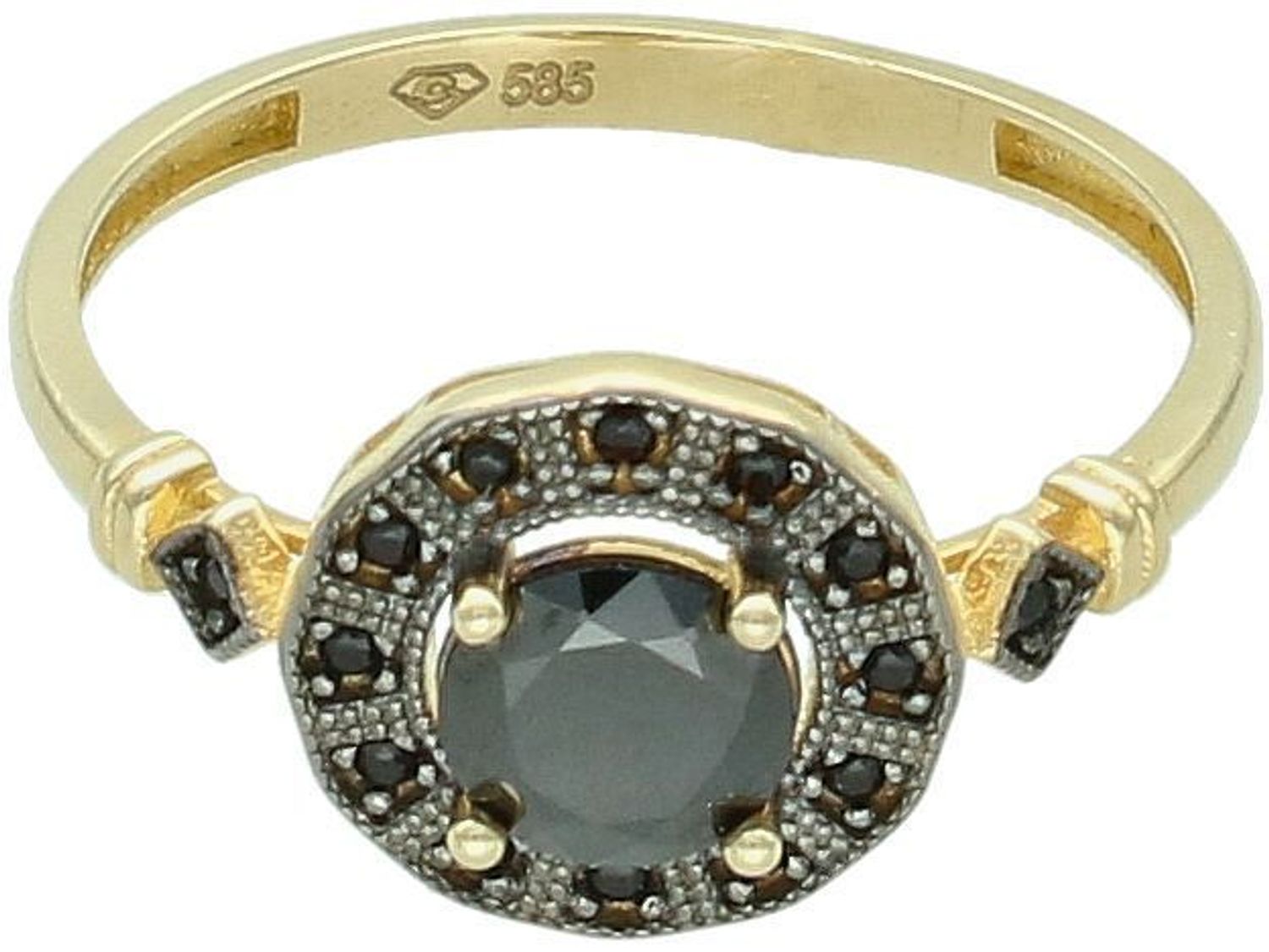 Pierścionek damski ze złota próby 585 z ozdobnym okrągłym elementem i czarnymi cyrkoniami. Waga 2,45 g, szerokość dolnej szyny 2 mm.1.jpg